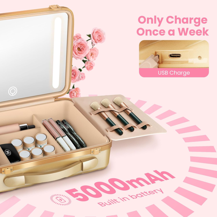 Travel Makeup Case with Lighted Mirror, Rechargeable LED Makeup Mirror Travel Case with 3 Color Modes & Adjustable Brightness, Portable Makeup Storage Box for Girls, Women & Makeup Artist - Image 4