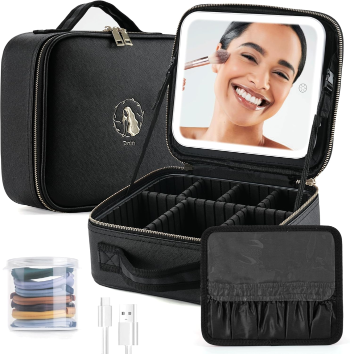 Makeup Bag with LED Mirror, Travel Makeup Case with Lighted Mirror, Portable Makeup Organizer Cosmetic Train Case for Women Adjustable Dividers Beauty Tools Accessories - Image 1