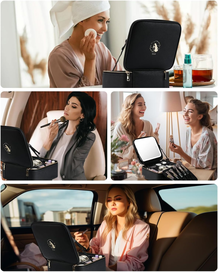 Makeup Bag with LED Mirror, Travel Makeup Case with Lighted Mirror, Portable Makeup Organizer Cosmetic Train Case for Women Adjustable Dividers Beauty Tools Accessories - Image 7
