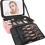 Large Makeup Bag with LED Mirror – 16.2” Portable Travel Cosmetic Organizer, Vanity Case with Adjustable Dividers & Rechargeable Light (Pink, PU Leather)