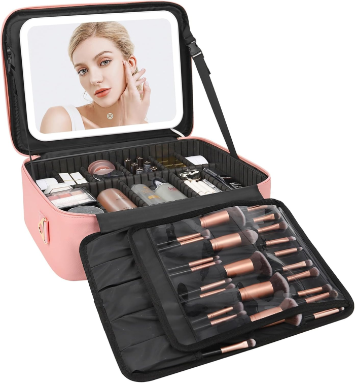 Large Makeup Bag with LED Mirror – 16.2” Portable Travel Cosmetic Organizer, Vanity Case with Adjustable Dividers & Rechargeable Light (Pink, PU Leather) - Image 1