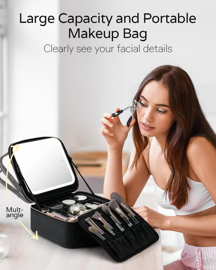 Makeup Bag with LED Mirror, Travel Makeup Case with Lighted Mirror, Portable Makeup Organizer Cosmetic Train Case for Women Adjustable Dividers Beauty Tools Accessories - Image 2