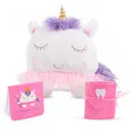 Unicorn Tooth Fairy Pillow Gift Set for Children; 3 Piece Set Includes Plush Unicorn Pillow with Tooth Pocket, Dear Tooth Fairy Notepad, and Keepsake Photo Pouch
