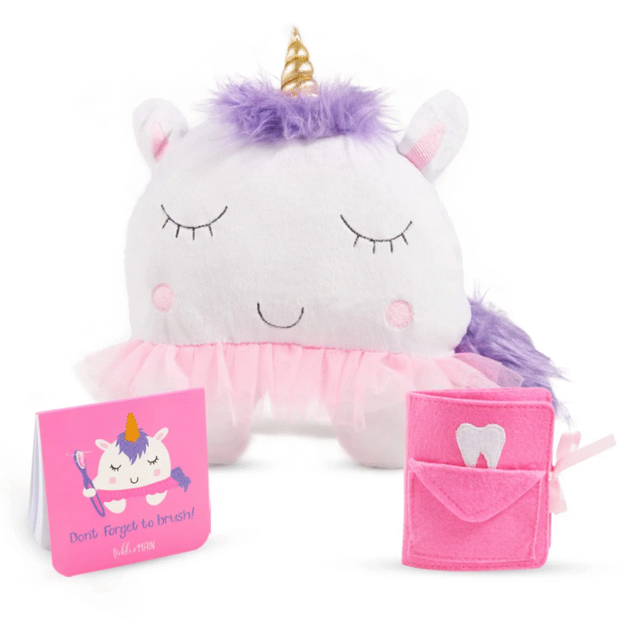 Unicorn Tooth Fairy Pillow Gift Set for Children; 3 Piece Set Includes Plush Unicorn Pillow with Tooth Pocket, Dear Tooth Fairy Notepad, and Keepsake Photo Pouch - Image 1