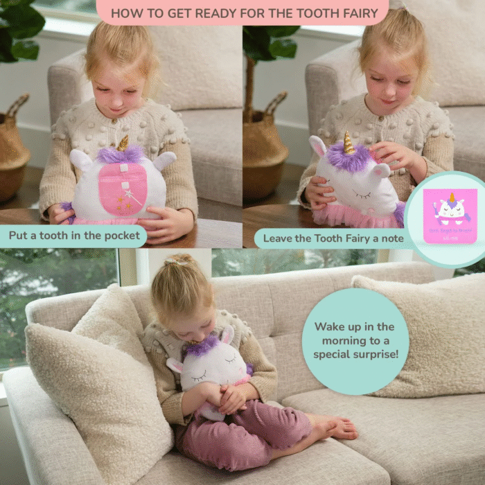 Unicorn Tooth Fairy Pillow Gift Set for Children; 3 Piece Set Includes Plush Unicorn Pillow with Tooth Pocket, Dear Tooth Fairy Notepad, and Keepsake Photo Pouch - Image 4