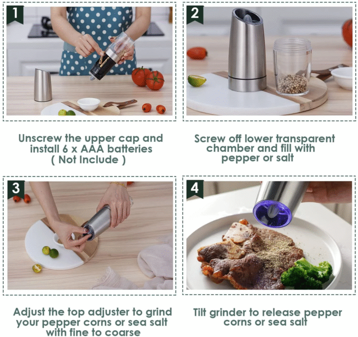 2 Piece Set Electric Salt and Pepper Grinder Set , Adjustable Coarseness Mill Grinders Stainless Steel - Image 3