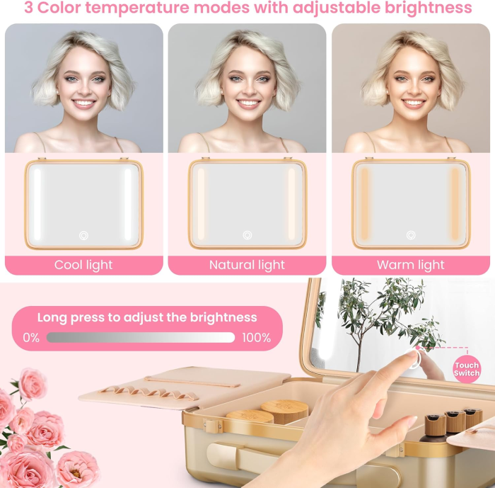 Travel Makeup Case with Lighted Mirror, Rechargeable LED Makeup Mirror Travel Case with 3 Color Modes & Adjustable Brightness, Portable Makeup Storage Box for Girls, Women & Makeup Artist - Image 3