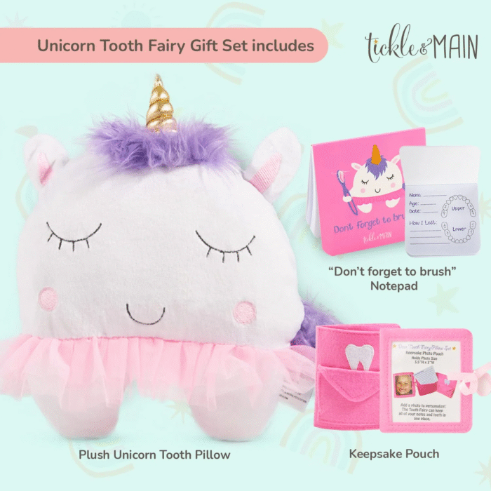Unicorn Tooth Fairy Pillow Gift Set for Children; 3 Piece Set Includes Plush Unicorn Pillow with Tooth Pocket, Dear Tooth Fairy Notepad, and Keepsake Photo Pouch - Image 3