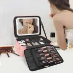 Large Makeup Bag with LED Mirror – 16.2” Portable Travel Cosmetic Organizer, Vanity Case with Adjustable Dividers & Rechargeable Light (Pink, PU Leather) - Image 7