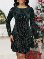 Women'S Holiday Dress Three-Quarter Sleeve Sequin Embellished Fit-And-Flare Knee-Length Party Evening Red Gold Glittery Comfort Stretch Winter Apparel - Image 14