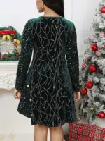 Women'S Holiday Dress Three-Quarter Sleeve Sequin Embellished Fit-And-Flare Knee-Length Party Evening Red Gold Glittery Comfort Stretch Winter Apparel - Image 4