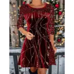 Women'S Holiday Dress Three-Quarter Sleeve Sequin Embellished Fit-And-Flare Knee-Length Party Evening Red Gold Glittery Comfort Stretch Winter Apparel