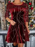 Women'S Holiday Dress Three-Quarter Sleeve Sequin Embellished Fit-And-Flare Knee-Length Party Evening Red Gold Glittery Comfort Stretch Winter Apparel - Image 9