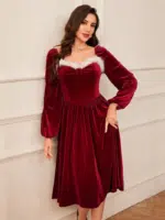 Women'S Vintage Christmas Party Long Sleeve Red Velvet Dress Square Collar Dress Elegant Slimming Waist Autumn Women'S Clothing - Image 7