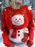 Christmas Women'S Sweater Streetwear Casual Graphic Snowman Crew Neck Patchwork Knitted Long Sleeve Regular Tops Knit Christmas Party Holiday Red Fall Winter - Image 7