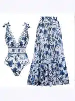 Women’s Printed Swimsuit & Pleated Skirt Set